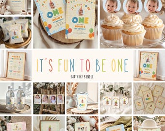 Its Fun To Be One Birthday Bundle, Colorful 1st Birthday Pack, One Is Fun, Hand Drawn Gingham (Instant Download)