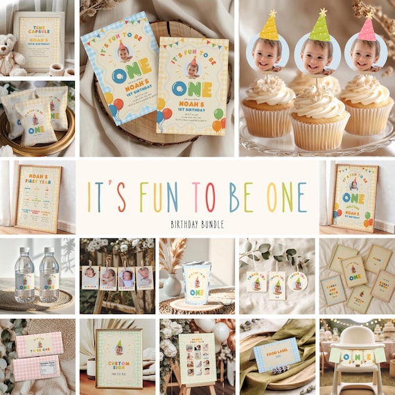 Its Fun To Be One Birthday Bundle, Colorful 1st Birthday Pack, One Is Fun, Hand Drawn Gingham (Instant Download)