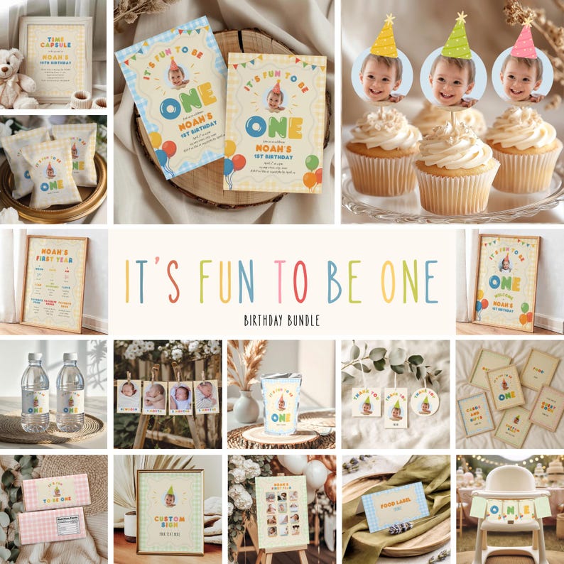 May include: A collection of birthday party decorations and supplies with the theme "It's Fun to Be One." Includes invitations, cupcake toppers, framed signs, water bottle labels, and favor bags. The color scheme is pastel with balloons and a baby's photo.