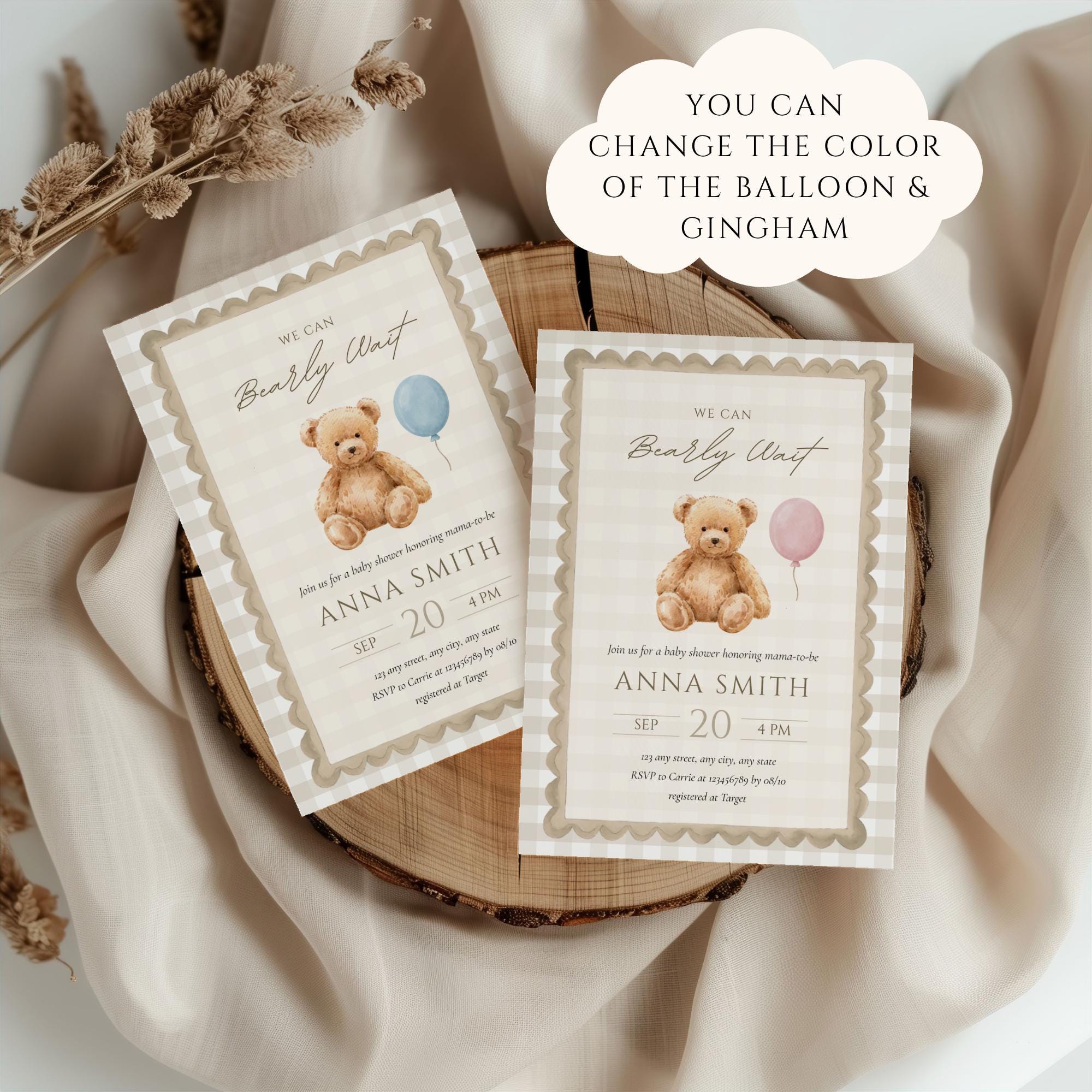We Can Bearly Wait Baby Shower Bundle, Teddy Bear Beige Gingham Gender ...