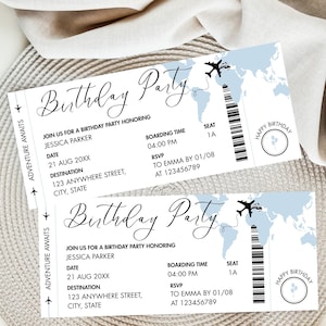 May include: Two birthday party invitation tickets with a travel theme. The tickets are white with light blue world map graphics and black text. The text includes "Birthday Party", "Adventure Awaits", and party details.