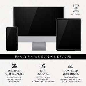 Puede incluir: Una plantilla de dise&ntilde;o digital que se muestra en una computadora de escritorio, una tableta y un tel&eacute;fono inteligente. La imagen incluye el texto "EASILY EDITABLE ON ALL DEVICES" e instrucciones para comprar, editar en Canva y descargar el dise&ntilde;o.