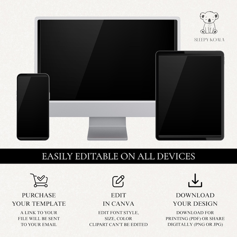 Puede incluir: Una plantilla de dise&ntilde;o digital que se muestra en una computadora de escritorio, una tableta y un tel&eacute;fono inteligente. La imagen incluye el texto "EASILY EDITABLE ON ALL DEVICES" e instrucciones para comprar, editar en Canva y descargar el dise&ntilde;o.