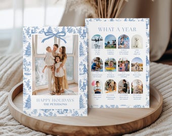 Tarjeta navideña "¡Qué año!", estilo vintage navideño azul con estampado chinoiserie, resumen del año (descarga instantánea)