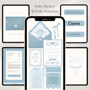May include: A baby shower website template displayed on multiple digital devices. The design features a soft blue color scheme with floral and ribbon accents. Text includes "Baby Shower Website Template", "RSVP", and "Countdown".