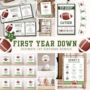 May include: A collection of football-themed party decorations and stationery. Includes invitations, VIP passes, thank you cards, and signs. The theme is "First Year Down" for a birthday celebration. The color scheme is green, white, and brown.