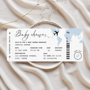May include: A baby shower invitation designed to resemble an airplane ticket. The invitation features a light blue world map, a silhouette of an airplane, and the words "Baby Shower." Details include the date, time, location, and RSVP information.