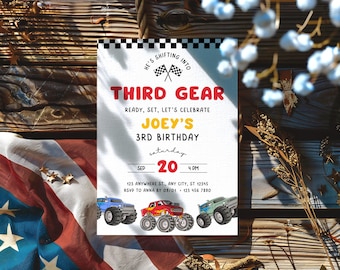 Monster Truck Birthday Invitation, Shifting Into Third Gear, Boy Racing Theme Bday (Instant Download, Editable Printable Template)