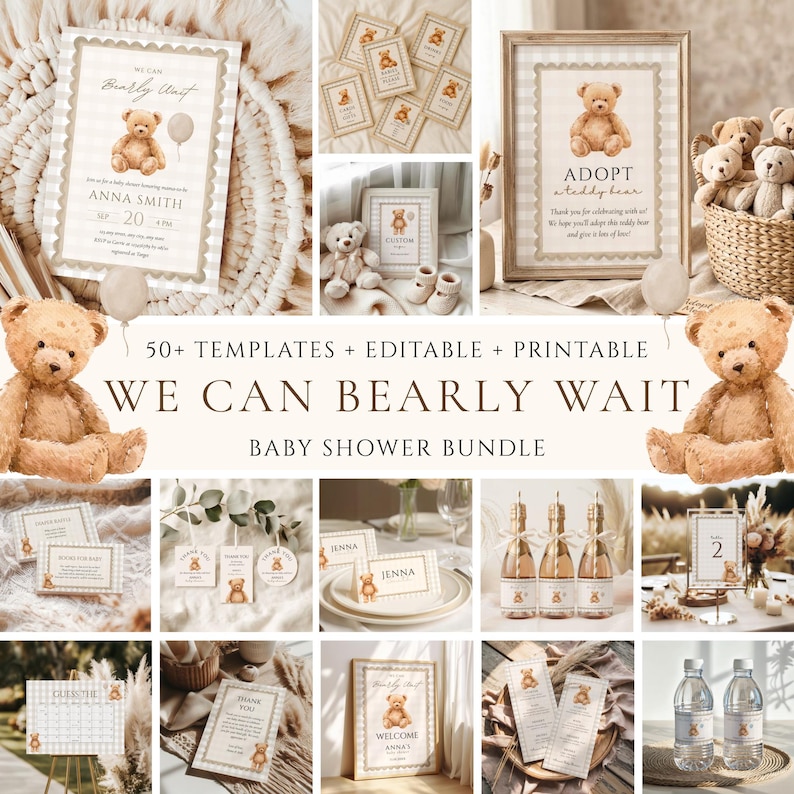 We Can Bearly Wait Baby Shower Bundle, Teddy Bear Beige Gingham Gender ...