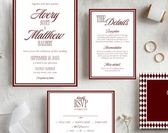 Burgundy Old Money Wedding Suite, Luxury Timeless Wedding Invitation Set, QR RSVP & Details Card (Instant Download, Canva Template)