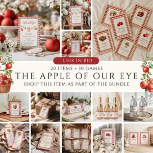 Op de afbeelding: Een verzameling appel-thema feestdecoraties, waaronder borden, labels en uitnodigingen. De ontwerpen bevatten rood-witte ruitpatronen, appels en tekst zoals "The Apple of Our Eye" en "Welcome". Het thema is rustiek en charmant.