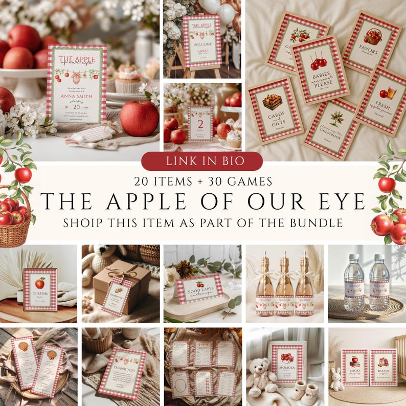 Op de afbeelding: Een verzameling appel-thema feestdecoraties, waaronder borden, labels en uitnodigingen. De ontwerpen bevatten rood-witte ruitpatronen, appels en tekst zoals "The Apple of Our Eye" en "Welcome". Het thema is rustiek en charmant.