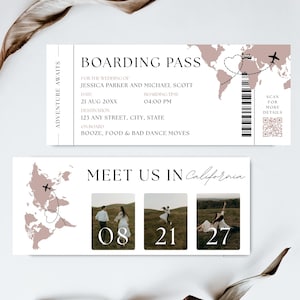 May include: A wedding invitation design featuring a boarding pass and a "Meet Us In California" card. The boarding pass includes details like the date, time, and destination. The second card displays three photos with the dates 08, 21, and 27.