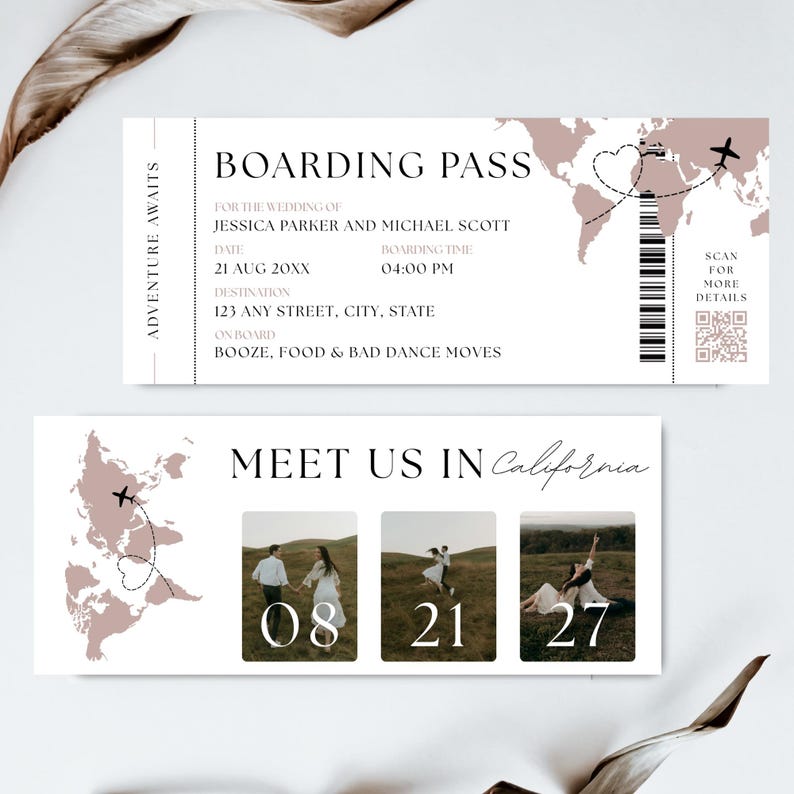 May include: A wedding invitation design featuring a boarding pass and a "Meet Us In California" card. The boarding pass includes details like the date, time, and destination. The second card displays three photos with the dates 08, 21, and 27.