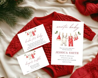 May include: A red baby bodysuit with a matching invitation and two smaller cards. The invitation reads "Santa Baby" with illustrations of baby clothes hanging on a clothesline. The smaller cards say "books for baby" and "diaper raffle".