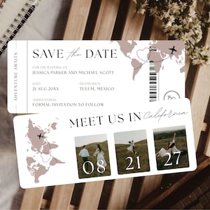 May include: Wedding invitation cards designed as airplane tickets. The top card reads "Save the Date" with the names Jessica Parker and Michael Scott, date, and destination. The bottom card says "Meet Us in California" with photos and dates.