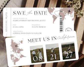 搭乗券と日付の保存：目的地のウェディングチケット（Canvaテンプレート）