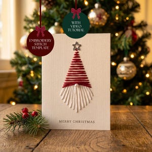 Tarjeta navideña de gnomo con hilo de bordar DIY, tarjeta navideña con puntadas DIY, plantillas imprimibles para tarjetas navideñas con hilo, patrón PDF guiado, fácil