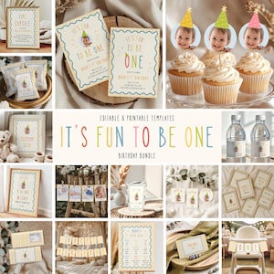 Puede incluir: Una colección de decoraciones y plantillas para fiestas de cumpleaños con el tema "It's Fun to Be One". Incluye invitaciones, letreros, adornos para cupcakes, etiquetas para botellas de agua y más. La combinación de colores es pastel con una fuente caprichosa.
