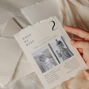 Puede incluir: Una tarjeta color crema con el texto "WHEN WE WERE" y el n&uacute;mero "2". Presenta dos fotos en blanco y negro de ni&ntilde;os y una lista de nombres. La fecha "11.10.20XX" tambi&eacute;n est&aacute; impresa en la tarjeta.