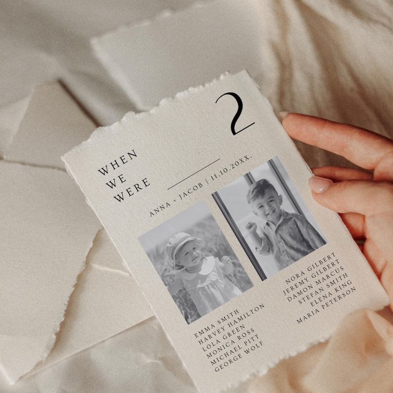 Puede incluir: Una tarjeta color crema con el texto "WHEN WE WERE" y el n&uacute;mero "2". Presenta dos fotos en blanco y negro de ni&ntilde;os y una lista de nombres. La fecha "11.10.20XX" tambi&eacute;n est&aacute; impresa en la tarjeta.