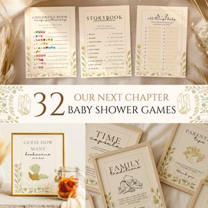 May include: A collection of baby shower games, including a children's book emoji dictionary, storybook character matching, and an A-Z game. The games feature floral borders and are printed on cream-colored paper. The image also includes a framed game with a jar of bookworms.