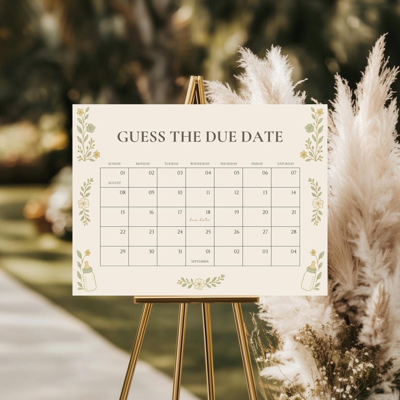 Puede incluir: Un calendario beige con el texto "GUESS THE DUE DATE" en un caballete dorado. El calendario presenta una cuadr&iacute;cula con fechas, adornos florales e ilustraciones de biberones, ideal para un juego de baby shower.