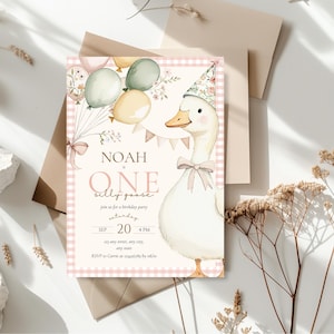 Silly Goose 1st Birthday Invitation: Pink Gingham, Editable Canva Template (Digital Download)