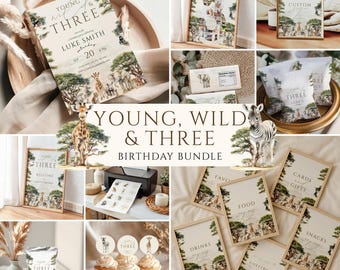 May include: A collection of party supplies with a safari theme. Includes invitations, framed signs, cupcake toppers, and food labels. The text "Young, Wild & Three" is featured prominently, along with illustrations of giraffes, zebras, and trees.
