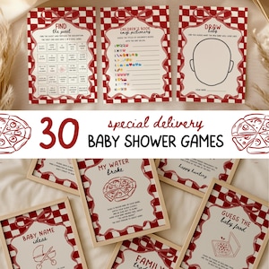 以下が含まれることがあります： 赤と白のチェック柄の縁取りが付いたベビーシャワーゲームのコレクションです。「ゲストを探す」、「子供向け絵文字ピクチャリー」、「赤ちゃんを描く」などのゲームが含まれています。「30 Baby Shower Games」というテキストが目立っています。