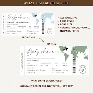 May include: A baby shower invitation designed to resemble a boarding pass. The design includes the text "Baby shower", event details, a world map, and a small airplane graphic. The invitation is 7x3 inches.