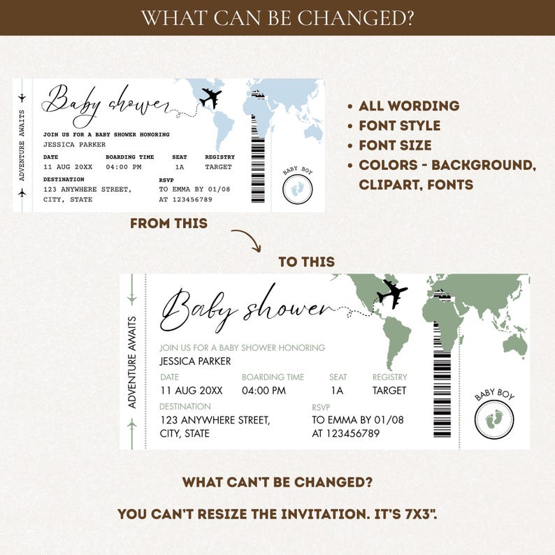 May include: A baby shower invitation designed to resemble a boarding pass. The design includes the text "Baby shower", event details, a world map, and a small airplane graphic. The invitation is 7x3 inches.