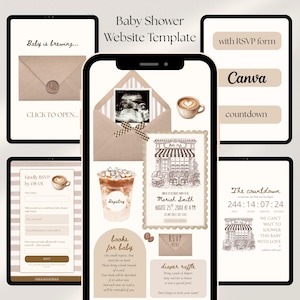 May include: A digital baby shower website template with a neutral color palette. The design includes an RSVP form, countdown timer, and registry information. The template features illustrations of coffee cups, an ultrasound image, and a baby cafe.