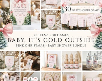 May include: A collection of baby shower decorations and games with a pink Christmas theme. The items include invitations, signs, games, cupcake toppers, and gift tags. The text includes "Baby, It's Cold Outside" and "Baby Shower Games".