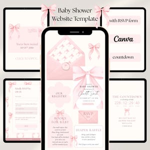 Könnte beinhalten: Eine Babyparty-Website-Vorlage, die auf einem Tablet und Smartphone angezeigt wird. Das Design verfügt über ein zartrosa Farbschema mit Schleifenakzenten. Der Text enthält "Baby Shower Website Template", "RSVP", "Canva" und "Countdown".