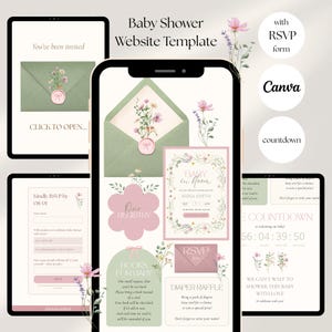 Baby in Bloom Baby Shower Website Template mit Antwortmöglichkeit & Countdown: Bearbeitbare animierte Einladung