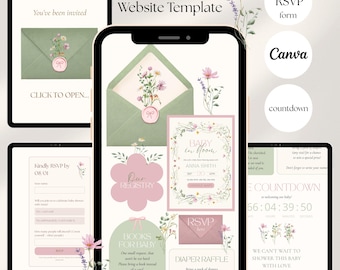 Baby in Bloom Baby Shower Website Template with RSVP & Countdown: Editable Animated Invitation
