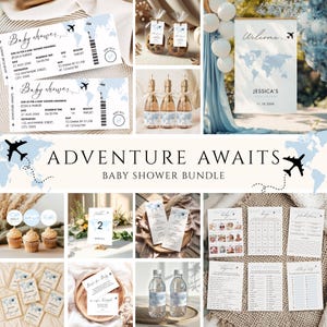 May include: A baby shower bundle with a travel theme. Includes invitations, table cards, water bottle labels, and games. The color scheme is blue and white, with airplane graphics and the text "Adventure Awaits".