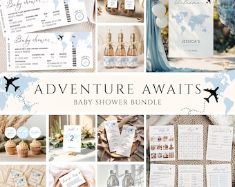 Paquete de baby shower "La Aventura Te Espera": Viaje en Avión, Tarjeta de Embarque (Descarga Instantánea, Plantilla de Canva)