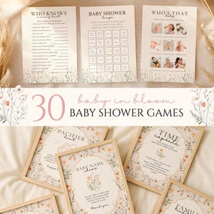 Peut inclure: Plusieurs jeux de baby shower avec des motifs floraux. Les jeux incluent "Who Knows Mommy Best", "Baby Shower Bingo" et "Who's That Baby". D'autres jeux incluent "Pacifier Hunt", "Baby Name Ideas" et "Time Capsule".