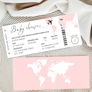 Invitación para baby shower con tarjeta de embarque, mapa del mundo con temática de viajes y aventura rosa, invitación digital editable, pasaporte, avión, boleto de avión