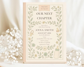 Op de afbeelding: Een uitnodiging voor een babyshower met de tekst "Our Next Chapter" en details voor de babyshower van Anna Smith. Het ontwerp toont een bloemenkrans, een fopspeen, een fles en een babyfles. De uitnodiging heeft een crèmekleurige achtergrond.