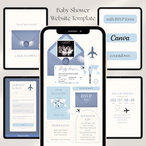 May include: A digital baby shower website template displayed on a smartphone and tablet screens. The design features a travel theme with light blue envelopes, airplane icons, and boarding pass graphics. Text includes Baby Shower, RSVP, and countdown.