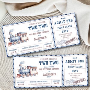 May include: Two train-themed birthday party invitations. The invitations feature a watercolor illustration of a blue steam train, with text that reads "Chugga Chugga Two Two" and "All Aboard The Birthday Express for Jackson's Party". Includes RSVP information.