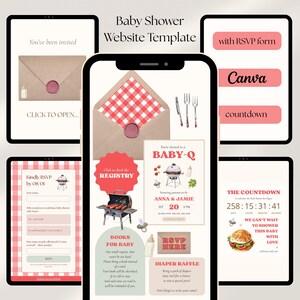 Może przedstawiać: Szablon strony internetowej na baby shower wyświetlany na wielu urządzeniach. Projekt ma motyw grilla z zaproszeniami, formularzami RSVP i odliczaniem czasu. Paleta kolorów obejmuje odcienie czerwieni, różu i beżu, z ilustracjami grilla i przedmiotów dla dzieci.