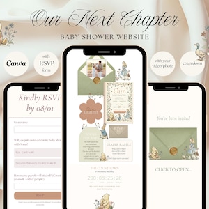 May include: Three smartphones display a baby shower website template featuring illustrations of Winnie the Pooh and Alice in Wonderland. The screens show an RSVP form, a main invitation page with a countdown timer, and an envelope graphic with a wax seal.