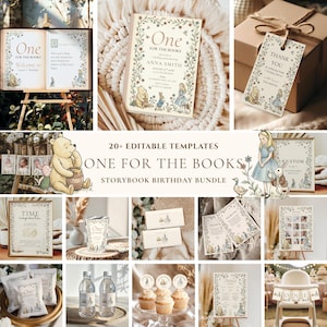 May include: A collection of editable birthday party templates featuring illustrations of Winnie the Pooh, Piglet, and Alice in Wonderland. The set includes invitations, thank you tags, signs, water bottle labels, and cupcake toppers with floral borders.