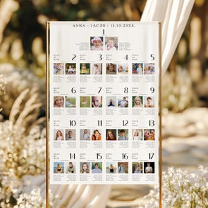 May include: A gold-framed wedding seating plan with the names "ANNA + JACOB" and the date "11.10.20XX" at the top. The plan features a grid of small photos and names, numbered 1 to 17, with the words "WHEN WE WERE" above each photo.