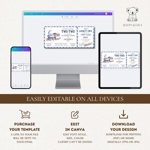 以下が含まれることがあります： パソコン、タブレット、スマートフォンに表示された、電車のテーマのデジタル招待状テンプレート。「TWO TWO」と「ADMIT ONE」と書かれた招待状には、誕生日のパーティーの詳細が記載されています。編集とダウンロードの手順も表示されています。
