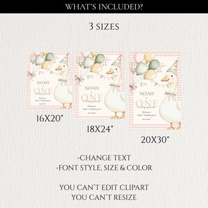May include: Three sizes of a party invitation featuring a cartoon goose wearing a party hat and bow tie, with balloons and the text "NOAH ONE". Sizes include 16x20 inches, 18x24 inches, and 20x30 inches.
